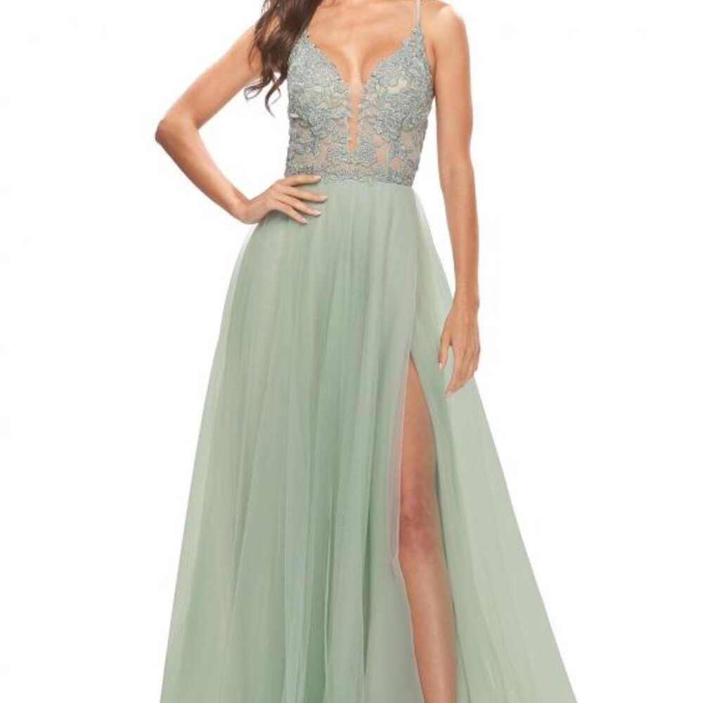 La Femme 31542 Lace Applique A-Line Prom Dress Sage size 2